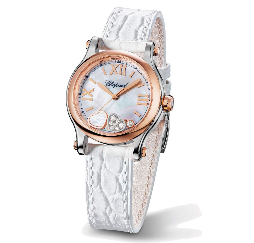 The rose gold hands and hour markers are striking on the mother-of-pearl dial of replica Chopard.