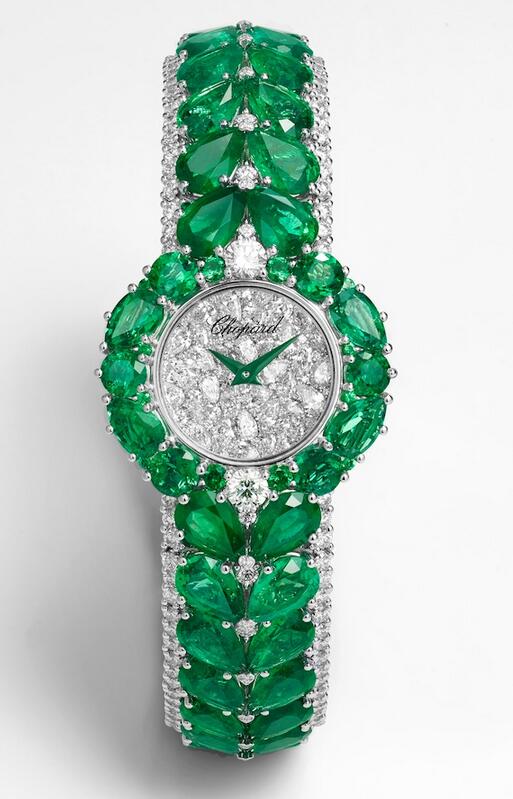 Covered with diamonds, the dials of the Swiss made replica watches look evident with two green hands.