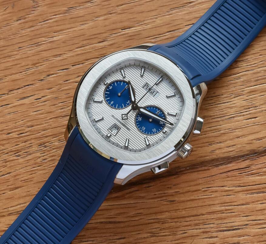 AAA replica watches are distinct with silver dials and two blue counters.